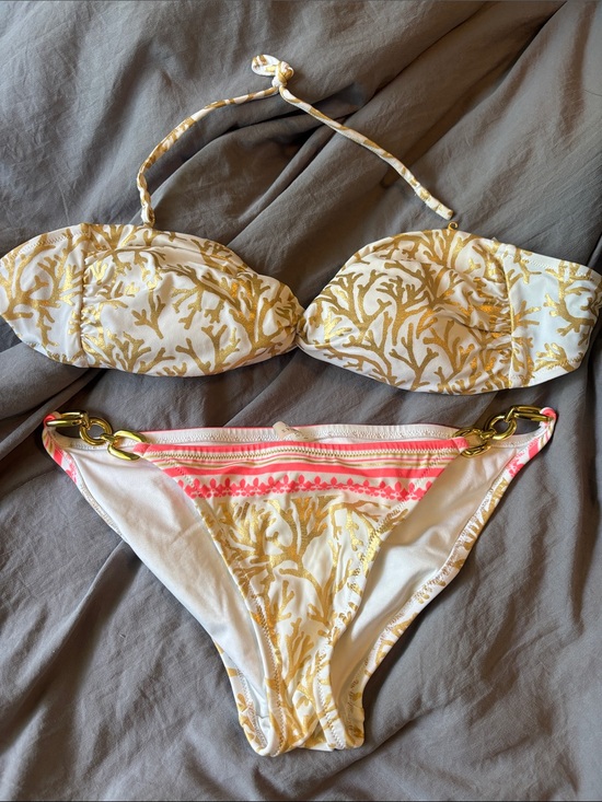 Victoria's Secret Other - Victoria secret Gold Coral Print Bikini Set with Pink Accent